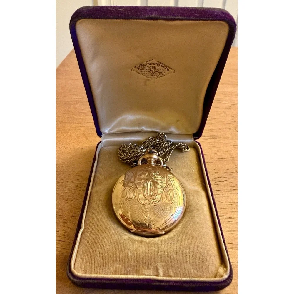 Antique 1916 Elgin Pocket Watch Gold Filled W/ Necklace Inscribed Needs Battery